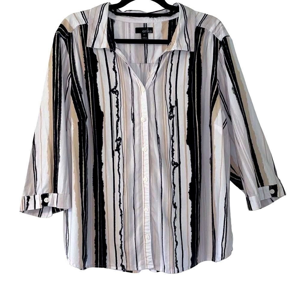 Erika stripe print collar button front blouse in neutral colors size 2X